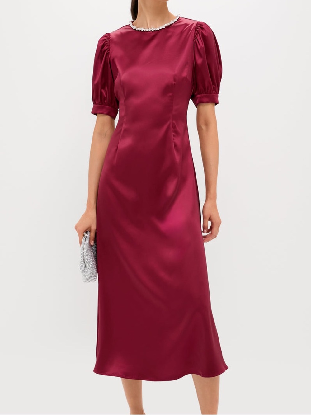 NWT HYACINTH HOUSE Oxblood Embellished Sappho Midi Dress Red Satin Tuckernuck